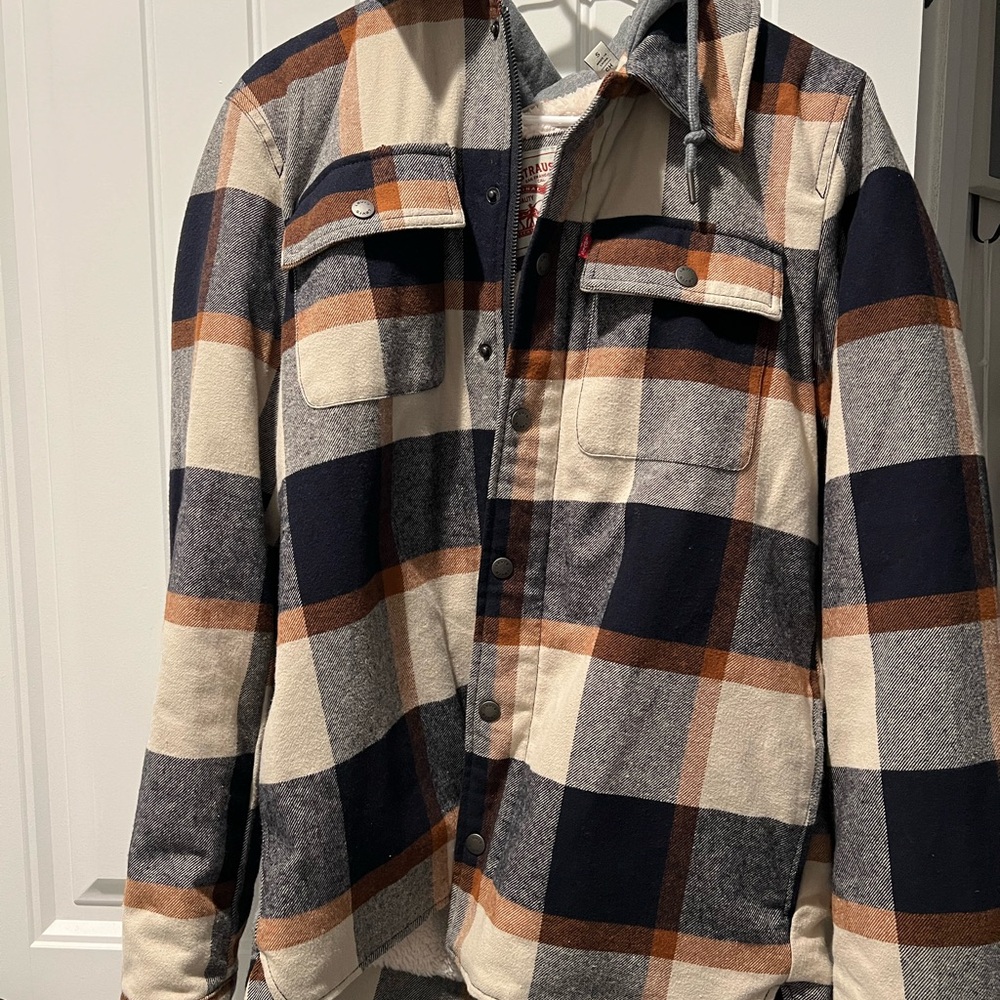 Levi's Men's Checkered Shirt Jacket - Navy, Cream, and Brown